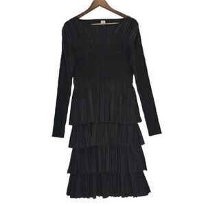 TOTEME Aramon Black Tiered Dress S Smocked Shirred Pleated Laser-Cut Minimalist